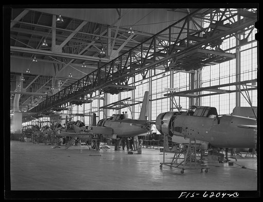Nashville, Tennessee. Vultee bombers nearing completion on the final assembly line. Vultee Aircraft Corporation plant