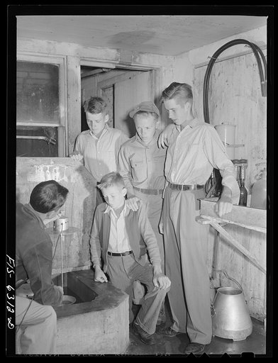 Vernon County, Wisconsin. Robert Saugstad and other boys in a Future Farmers of America (FFA) group examining an electric stirrer for cooling milk