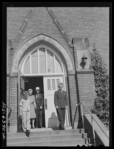 Untitled photo, possibly related to: Westby, Vernon County, Wisconsin. The Saugstad family leaving Our Saviour's Lutheran church