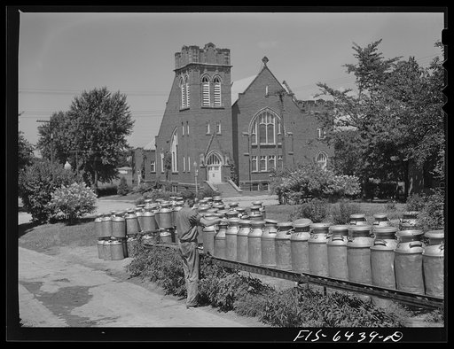 Untitled photo, possibly related to: Westby, Vernon County, Wisconsin. Empty milk cans at the cooperative creamery