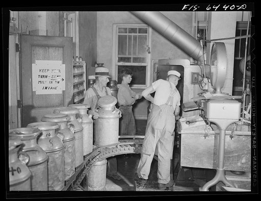 Untitled photo, possibly related to: Westby, Vernon County, Wisconsin. Intake room where milk is dumped and weighed at the cooperative creamery