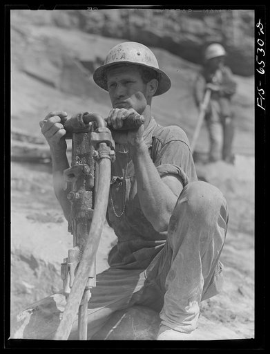 Fort Loudon [i.e., Loudoun] Dam, Tennessee (Tennessee Valley Authority (TVA)). Driller at work
