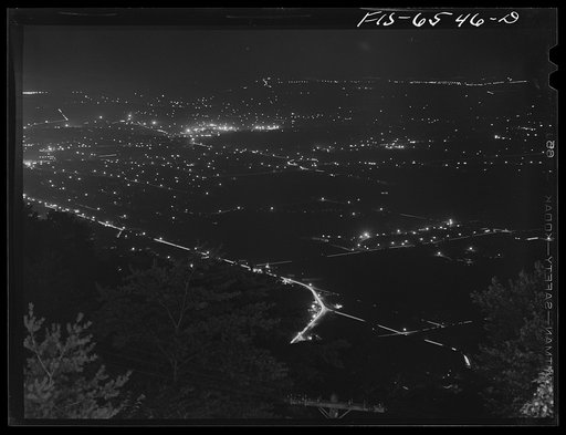 Untitled photo, possibly related to: Chattanooga, Tennessee (vicinity). The suburbs seen at night from the "incline railway" on lookout Mountain