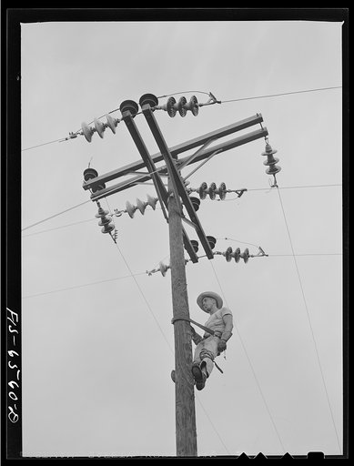 Untitled photo, possibly related to: Hayti, Missouri. U.S. Rural Electrification Administration (REA) cooperative lineman