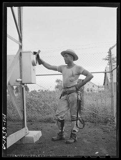 Hayti, Missouri. U.S. Rural Electrification Administration (REA) lineman inspecting a meter at a substation