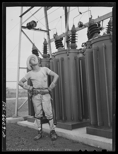 Untitled photo, possibly related to: Hayti, Missouri. U.S. Rural Electrification Administration (REA) lineman examining transformers of a substation