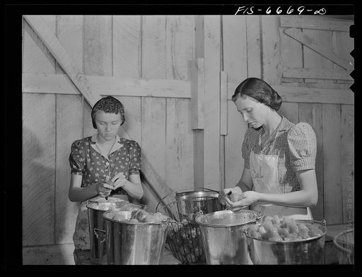 Dunklin County, Missouri. Peeling tomatoes at a cannery operated by U.S. Rural Electrification Administration (REA) power