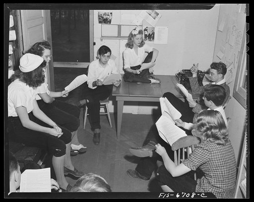 Untitled photo, possibly related to: Interochen, Michigan. National music camp where 300 or more young musicians study symphonic music eight weeks each summer. Rehearsing with scripts for a radio performance