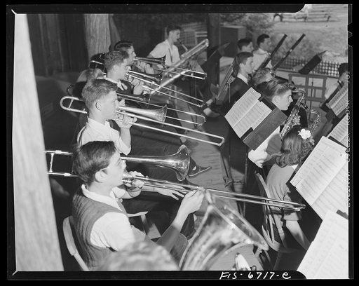 Interlochen, Michigan. National music camp where 300 or more young musicians study symphonic music for eight weeks each summer. Practicing on trombones