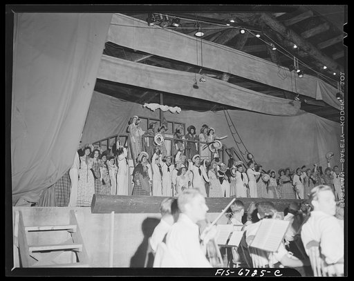 Untitled photo, possibly related to: Interlochen, Michigan. National music camp where 300 or more young musicians study symphonic music for eight weeks each summer. Night performances of "Pirates of Penzance" [i.e., H.M.S. Pinafore] by Gilbert Sullivan