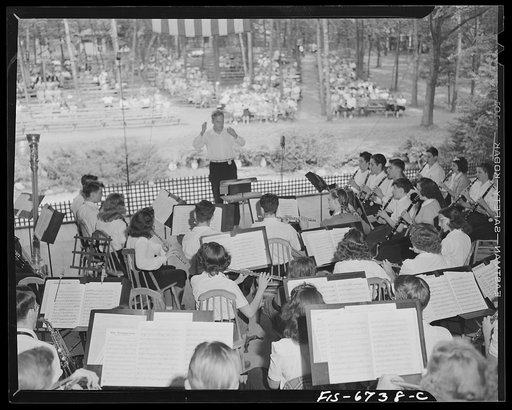 Interlochen, Michigan. National music camp where 300 or more young musicians study symphonic music for eight weeks each summer. Rehearsal of the band