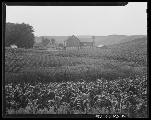 Farmhouse and farmland typical of upper Michigan photographed during a heavy rain