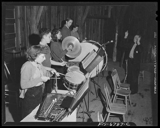 Interlochen, Michigan. National music camp where 300 or more musicians study symphonic music for eight weeks each summer. Percussion instrument practice