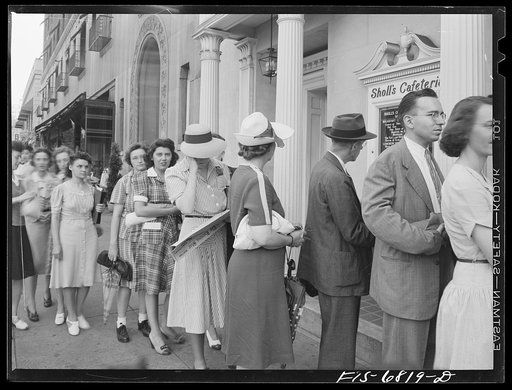Untitled photo, possibly related to: Washington, D.C. Line outside Scholl's cafeteria on Connecticut Avenue at six p.m. Over 100 people stand in line and are served at the rate of one every minute