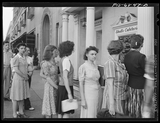 Washington, D.C. Line outside Scholl's cafeteria on Connecticut Avenue, at six p.m. Over 100 people stand in line and are served at the rate of one every minute