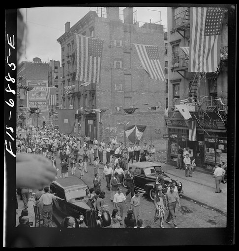 New York, New York. Parade of Italian-Americans on Mott Street at a flag raising ceremony in honor of neighborhood boys in the United States Army