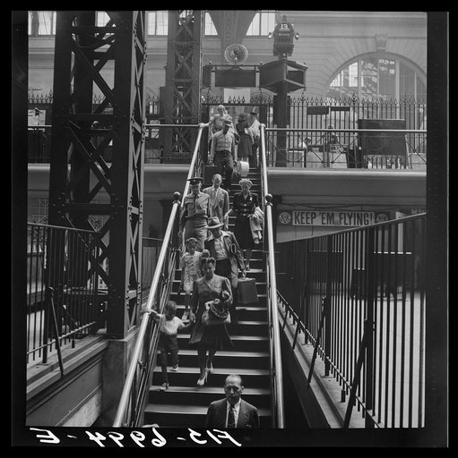 Untitled photo, possibly related to: New York, New York. Stairway from concourse to trains at the Pennsylvania railroad station