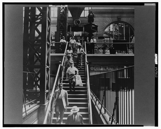 New York, New York. Stairway from concourse to trains at the Pennsylvania railroad station