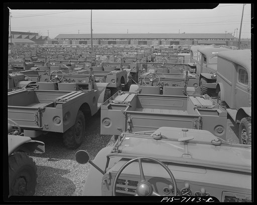 Chrysler Corporation. Dodge truck plant. Detroit, Michigan (vicinity). Dodge Army trucks and ambulances awaiting delivery to the Army