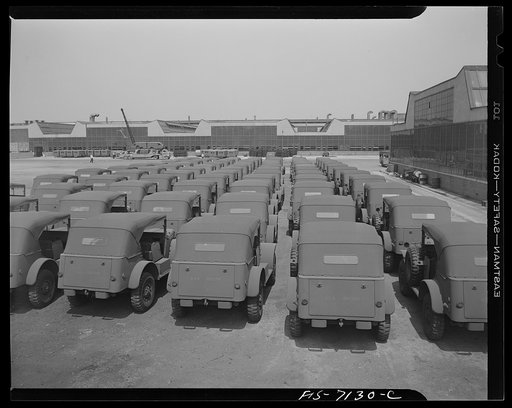 Detroit, Michigan (vicinity). Chrysler Corporation Dodge truck plant. Row of Dodge Army command reconnaissance cars fresh from the production lines wait for final inspection before joining the fighting forces on all fronts