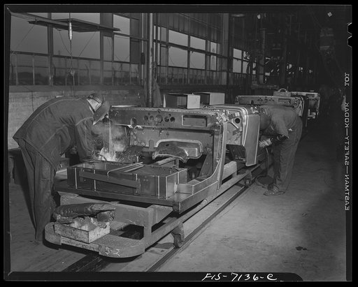Detroit, Michigan (vicinity). Chrysler Corporation Dodge truck plant. Spot-welding adds strength and rigidity to the bodies of Dodge Army trucks
