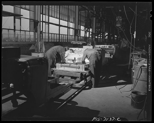 Untitled photo, possibly related to: Detroit, Michigan (vicinity). Chrysler Corporation Dodge truck plant. Spot-welding adds strength and rigidity to the bodies of Dodge Army trucks