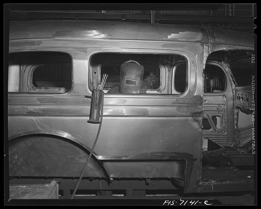 Detroit, Michigan (vicinity). Chrysler Corporation Dodge truck plant. Welding body interiors of Dodge Army trucks