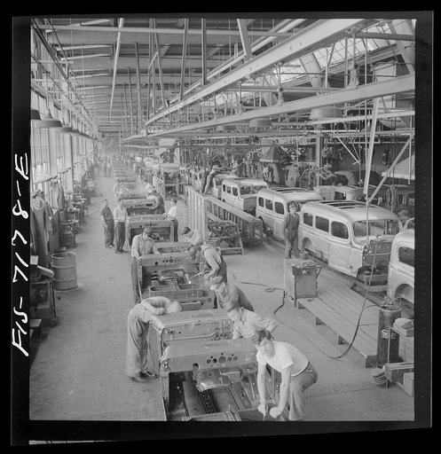 Untitled photo, possibly related to: Detroit, Michigan (vicinity). Chrysler Corporation Dodge truck plant. Hundreds of deft operations are required to assemble and finish the long lines of Dodge Army truck bodies that move daily to final production lines