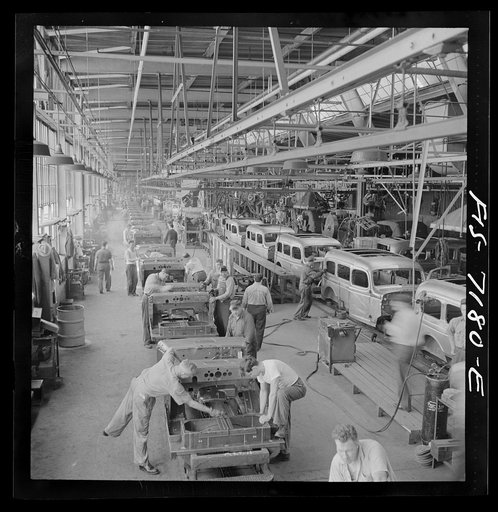 Detroit, Michigan (vicinity). Chrysler Corporation Dodge truck plant. Hundreds of deft operations are required to assemble and finish the long lines of Dodge Army truck bodies that move daily to final production lines