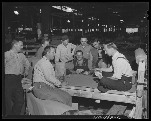 Dodge truck plant, Detroit, Michigan. Workers playing cards on their lunch hour