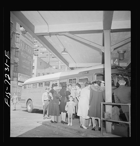 New York, New York. Boarding interstate buses at the Greyhound bus terminal, 34th Street