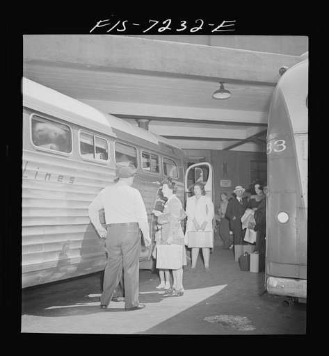 Untitled photo, possibly related to: New York, New York. Boarding interstate buses at the Greyhound bus terminal, 34th Street