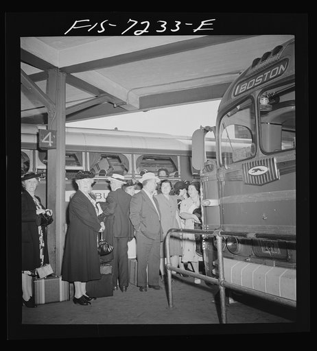 Untitled photo, possibly related to: New York, New York. Boarding interstate buses at the Greyhound bus terminal, 34th Street