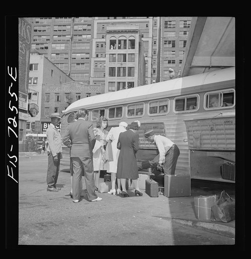 New York, New York. Boarding interstate buses at the Greyhound bus terminal, 34th Street