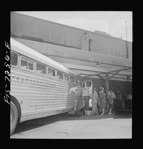 Untitled photo, possibly related to: New York, New York. Boarding interstate buses at the Greyhound bus terminal, 34th Street