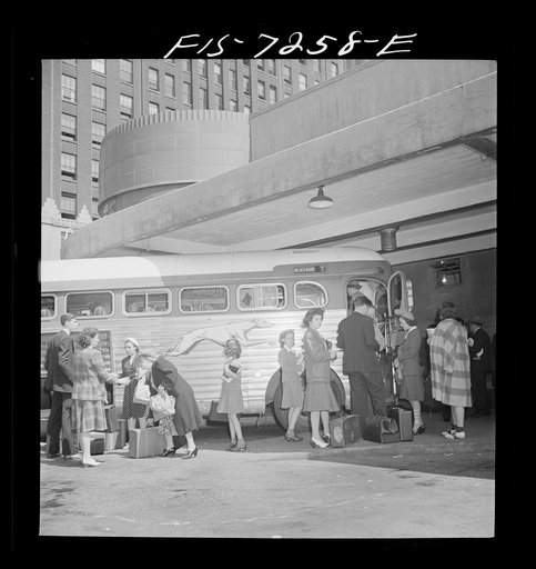 Untitled photo, possibly related to: New York, New York. Boarding interstate buses at the Greyhound bus terminal, 34th Street