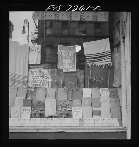 New York, New York. Window of a Jewish religious shop on Broom Street