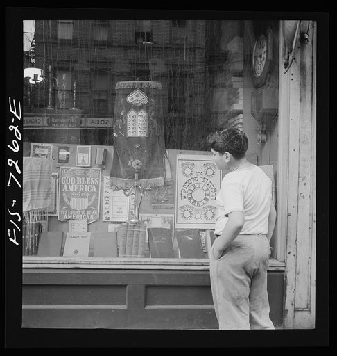 New York, New York. Window of a Jewish religious shop on Broom Street