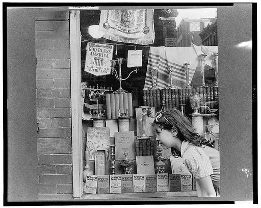 New York, New York. Window of a Jewish religious shop on Broom Street