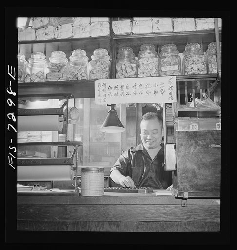 New York, New York. Chinaman counting on an abacus in a Chinese grocery store in Chinatown