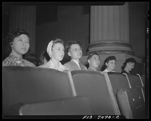 Washington, D.C. International student assembly. Nora Chao, a student at Radcliffe College; P.K. Chang, a student at Harvard University; A.T. Lin, a student at the University of Michigan