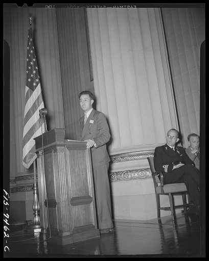 Washington, D.C. International student assembly. Hung-Ti Chu, head of the Chinese delegation, addressing the assembly on "Chinese students in the war"