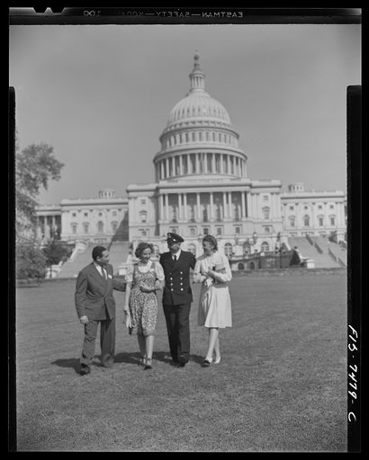 Untitled photo, possibly related to: Washington, D.C. International student assembly. R. Klimen of the Office of War Information; Sub Lieutenant Richard Miles of Great Britian; Diana Mowrer of the U.S.; Barbro Skagerling of Sweden; and Abd El Hamid Zaki of Egypt