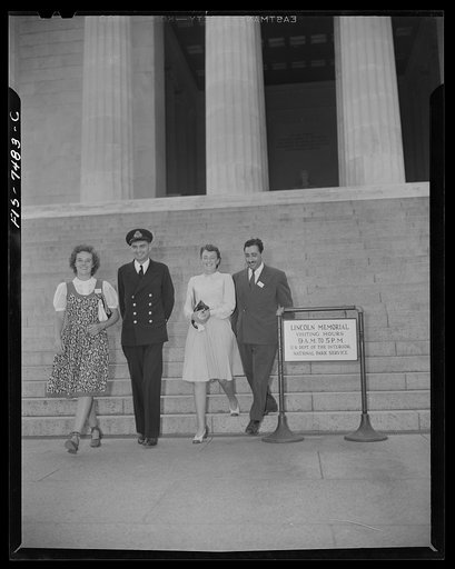 Washington, D.C. International student assembly. Diana Mowrer, a U.S. delegate, a student at Wellesley College; Sub Lieutenant Richard Miles of Great Britain; Barbro Skagerlind, a delegate from Sweden; Abd El Hamid Zaki, a delegate from Egypt, in front of the Lincoln Memorial