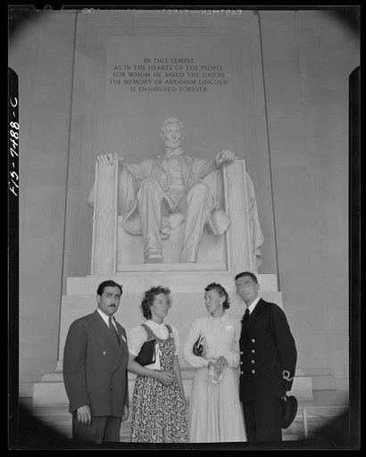 Untitled photo, possibly related to: Washington, D.C. International student assembly. Diana Mowrer, a U.S. delegate, a student at Wellesley College; Sub Lieutenant Richard Miles of Great Britain; Barbro Skagerlind, a delegate from Sweden; Abd El Hamid Zaki, a delegate from Egypt