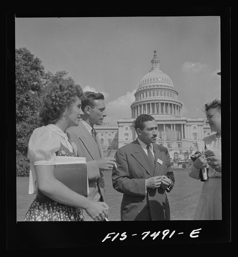 Washington, D.C. International student assembly. Diana Mowrer, a U.S. delegate, a student at Wellesley College; R. Klimen of the Office of War Information; Abd El Hamid Zaki, a delegate from Egypt; Barbro Skagerlind, a delegate from Sweden, on the Capitol grounds