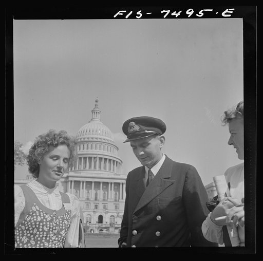 Washington, D.C. International student assembly. Diana Mowrer, a U.S. delegate, a student at Wellesley College, and Sub Lieutenant Richard Miles of Great Britain