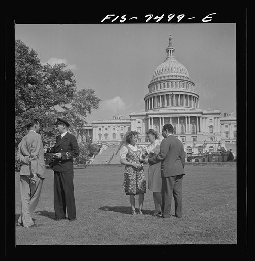 Washington, D.C. International student assembly. R. Klimen of the Office of War Information; Sub Lieutenant Richard Miles of Great Britian; Diana Mowrer of the U.S.; Barbro Skagerlind of Sweden; and Abd El Hamid Zaki of Egypt