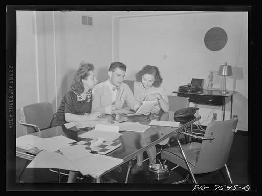 Washington, D.C. Foreign students at the international student assembly recording short talks in their native language to be broadcast by shortwave, after censorship by the Office of War Information (OWI), to Nazi-held territory. French group preparing speeches for broadcast. Left to right Doris Kor