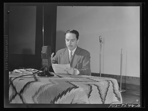 Washington, D.C. Foreign students at the international student assembly recording short talks in their native language to be broadcast by shortwave, after censorship by the OWI (Office of War Information), to Nazi-held territory. Dr. Penton of Cuba